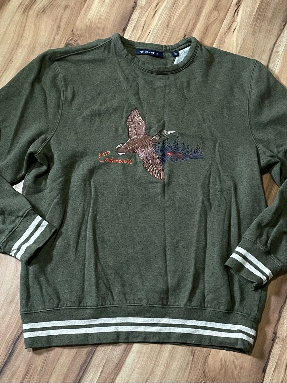 Vintage Style Cremieux Olive Green Mallard Duck Embroidered Crewneck L